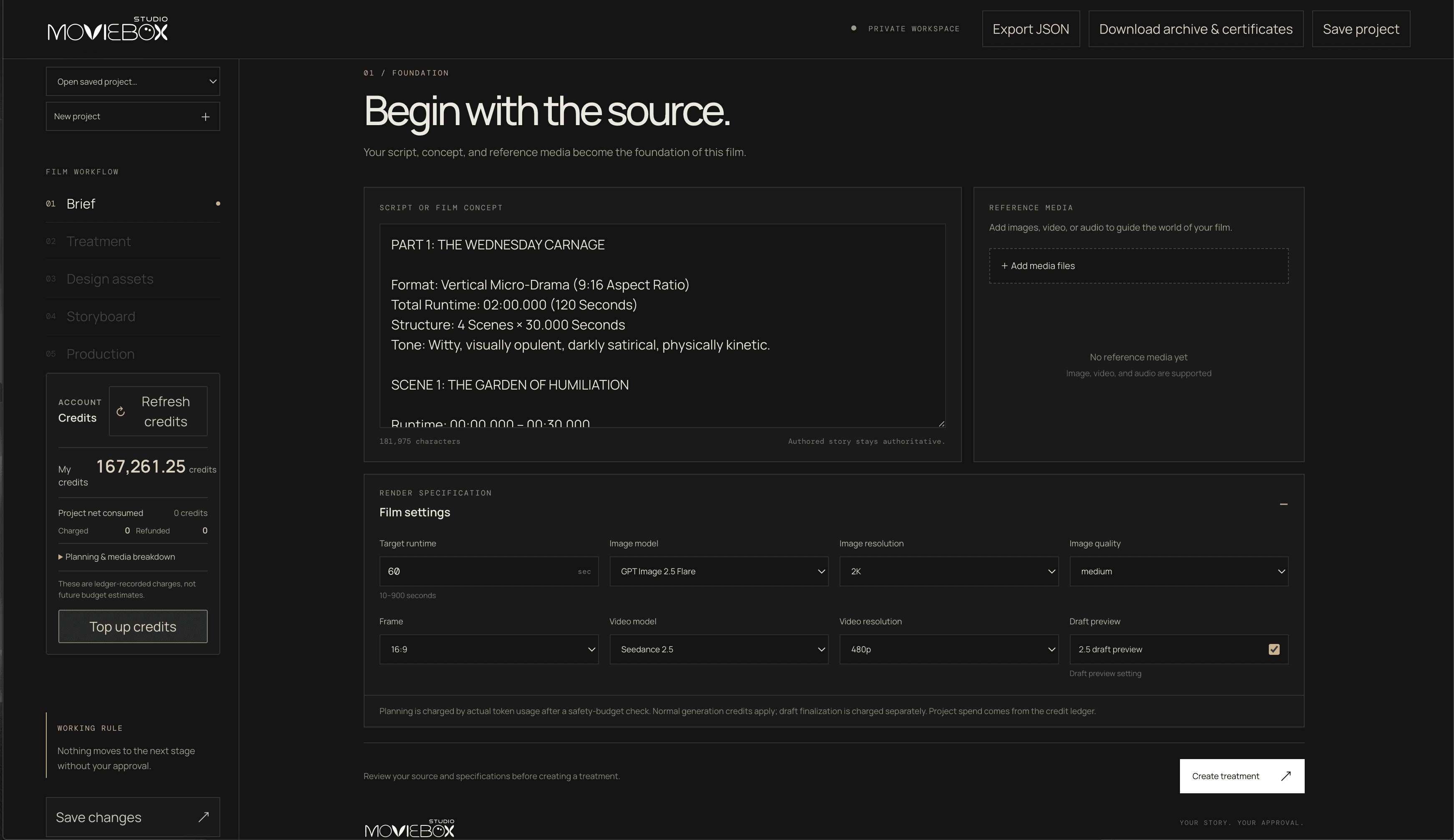 MovieBox Studio film workflow for scripts, references, treatments, storyboards, and production
